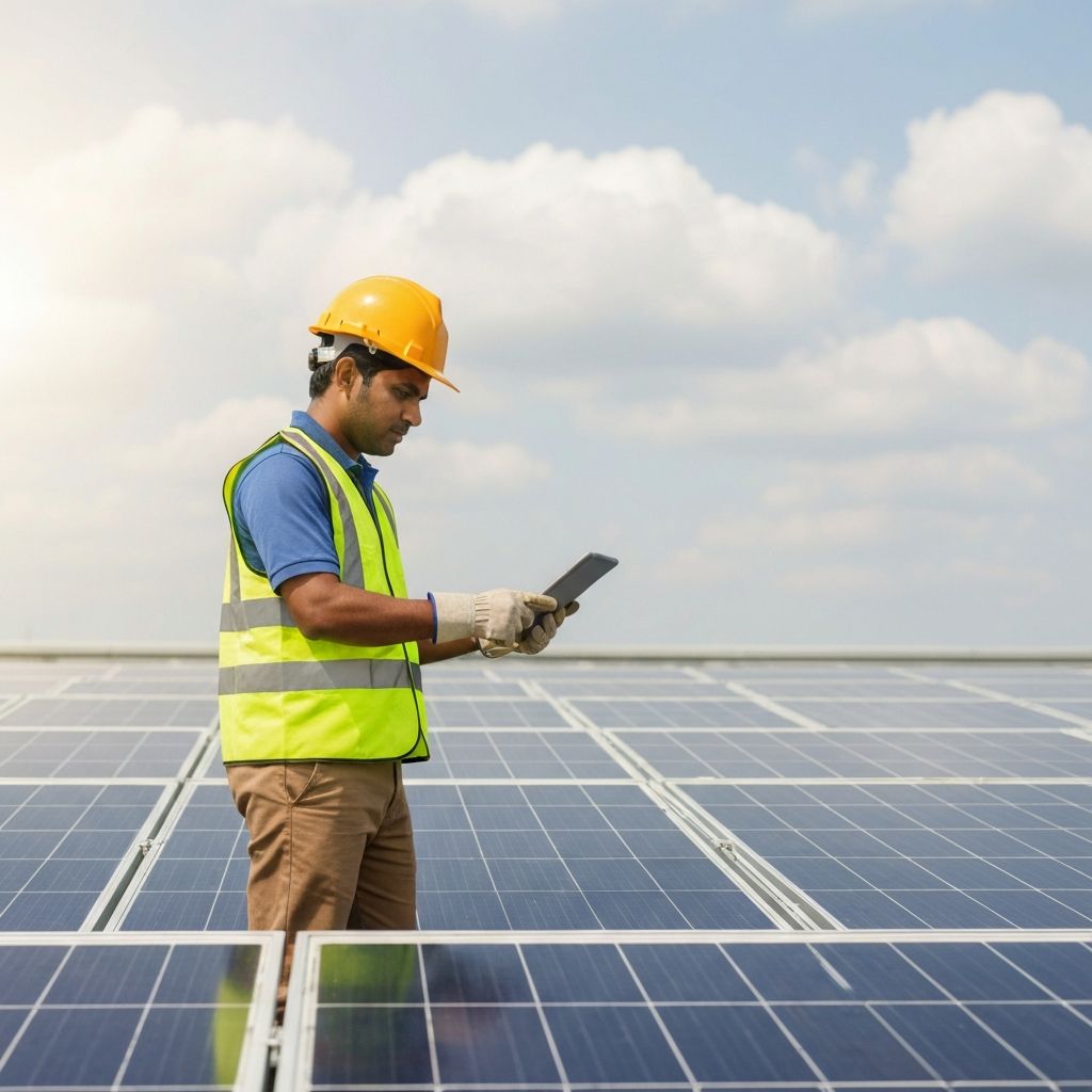 Solar technician using a tablet on a rooftop installation